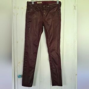 AG Super Skinny Burgundy Red Coated Faux Leather Jeans.